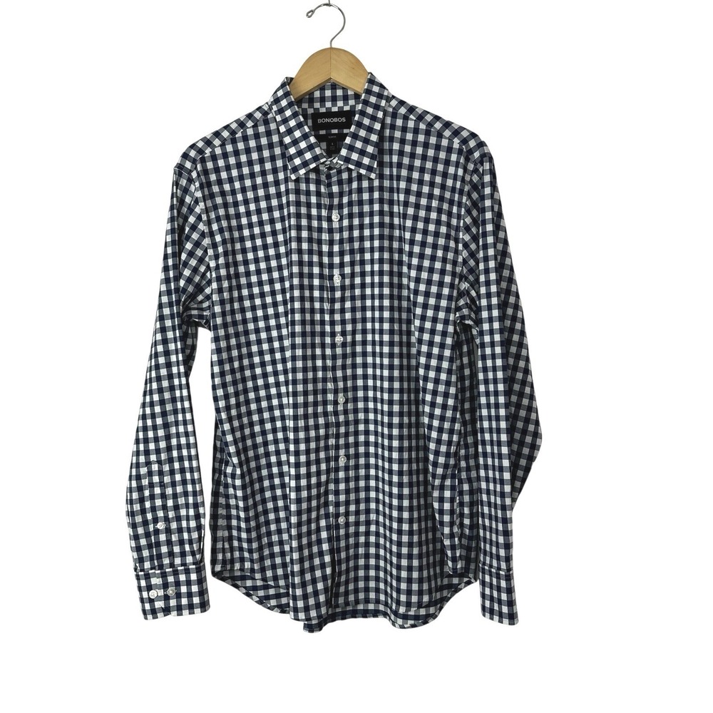 Bonobos Shirt Mens Large Slim Fit Button‎ Up Blue White Gingham Career Casual
